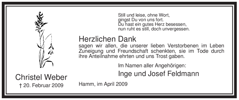  Traueranzeige für Christel Weber vom 04.04.2009 aus WESTFÄLISCHER ANZEIGER