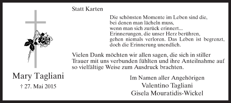  Traueranzeige für Mary Tagliani vom 10.06.2015 aus MZV