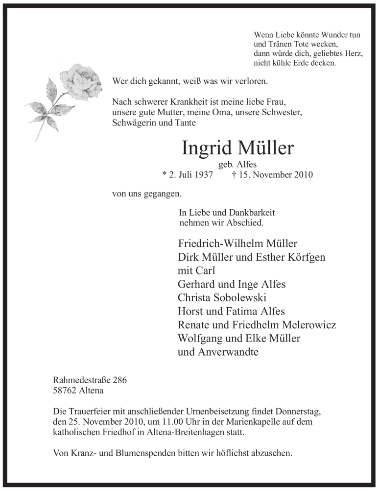  Traueranzeige für Ingrid Müller vom 17.11.2010 aus WESTFÄLISCHER ANZEIGER