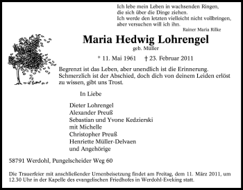 Traueranzeige von Maria Hedwig Lohrengel von WESTFÄLISCHER ANZEIGER