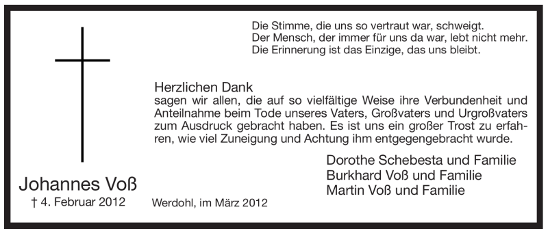  Traueranzeige für Johannes Voß vom 17.03.2012 aus WESTFÄLISCHER ANZEIGER