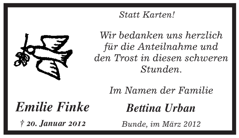  Traueranzeige für Emilie Finke vom 10.03.2012 aus WESTFÄLISCHER ANZEIGER