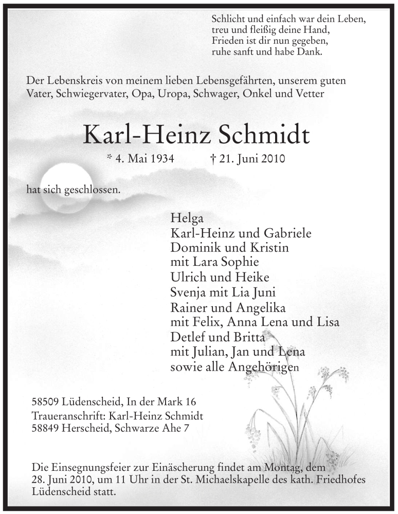  Traueranzeige für Karl-Heinz Schmidt vom 24.06.2010 aus WESTFÄLISCHER ANZEIGER