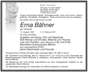 Traueranzeige von Erna Bähner von WESTFÄLISCHER ANZEIGER
