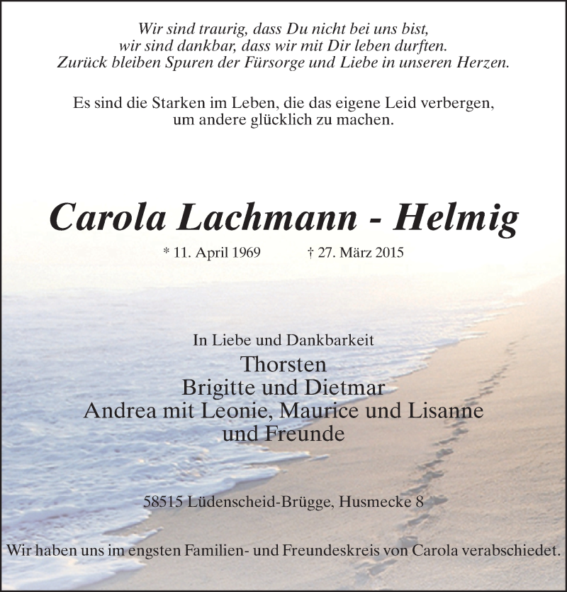  Traueranzeige für Carola Lachmann-Helmig vom 09.04.2015 aus MZV