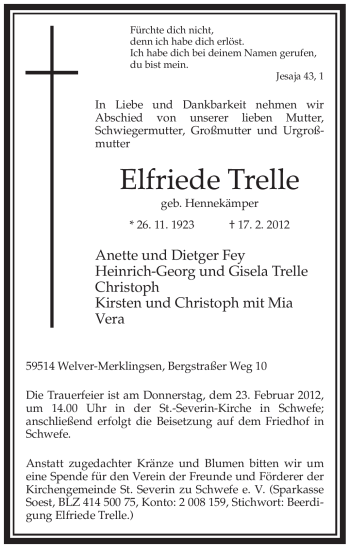 Traueranzeige von Elfriede Trelle von WESTFÄLISCHER ANZEIGER