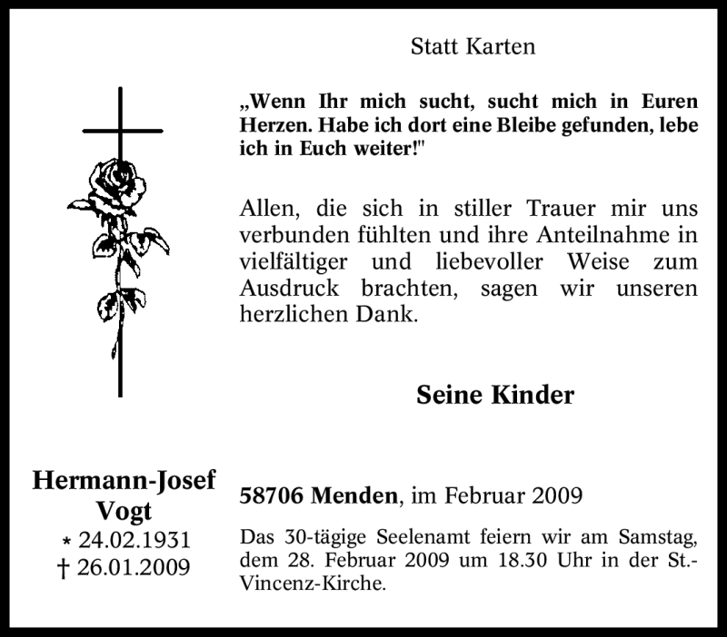 Traueranzeige für Hermann-Josef Vogt vom 21.02.2009 aus WESTFÄLISCHER ANZEIGER