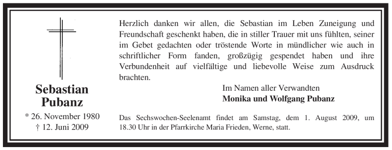  Traueranzeige für Sebastian Pubanz vom 25.07.2009 aus WESTFÄLISCHER ANZEIGER