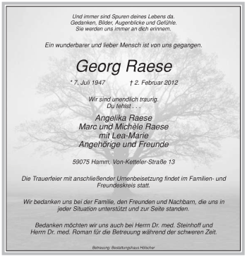 Traueranzeige von Georg Raese von WESTFÄLISCHER ANZEIGER