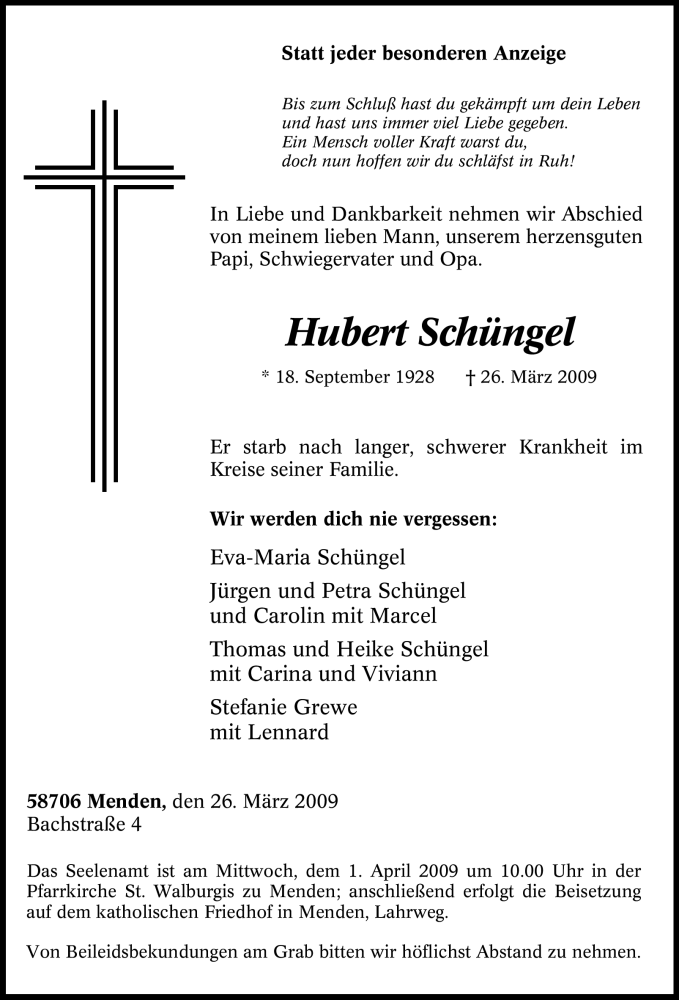  Traueranzeige für Hubert Schüngel vom 28.03.2009 aus WESTFÄLISCHER ANZEIGER