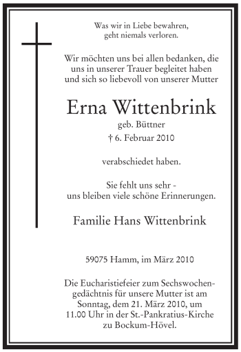Traueranzeige von Erna Wittenbrink von WESTFÄLISCHER ANZEIGER