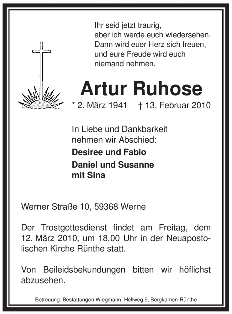  Traueranzeige für Artur Ruhose vom 10.03.2010 aus WESTFÄLISCHER ANZEIGER