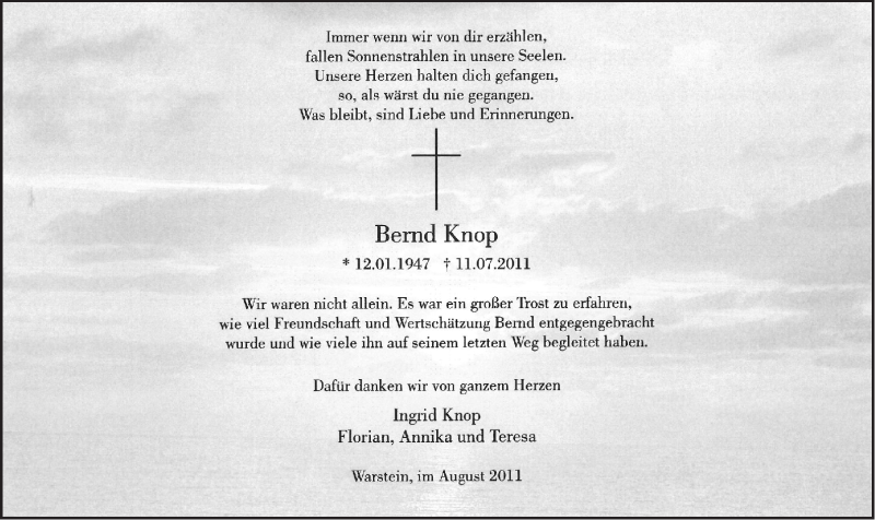  Traueranzeige für Bernd Knop vom 06.08.2011 aus WESTFÄLISCHER ANZEIGER