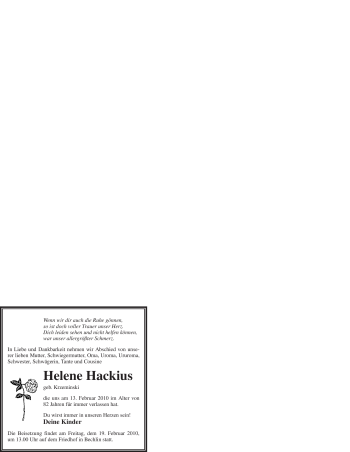 Traueranzeige von Helene Hackius von WESTFÄLISCHER ANZEIGER