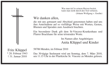 Traueranzeige von Fritz Klüppel von WESTFÄLISCHER ANZEIGER