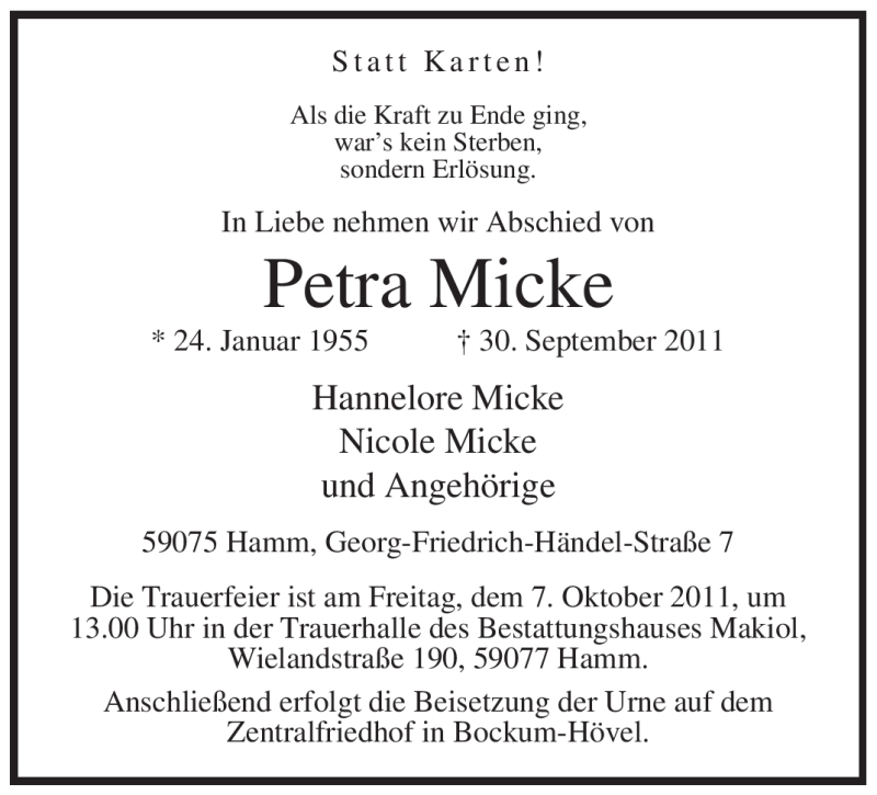  Traueranzeige für Petra Micke vom 05.10.2011 aus WESTFÄLISCHER ANZEIGER