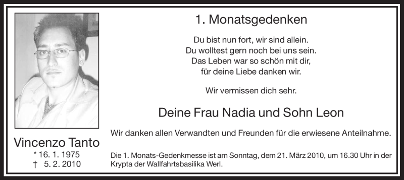  Traueranzeige für Vincenzo Tanto vom 05.03.2010 aus WESTFÄLISCHER ANZEIGER