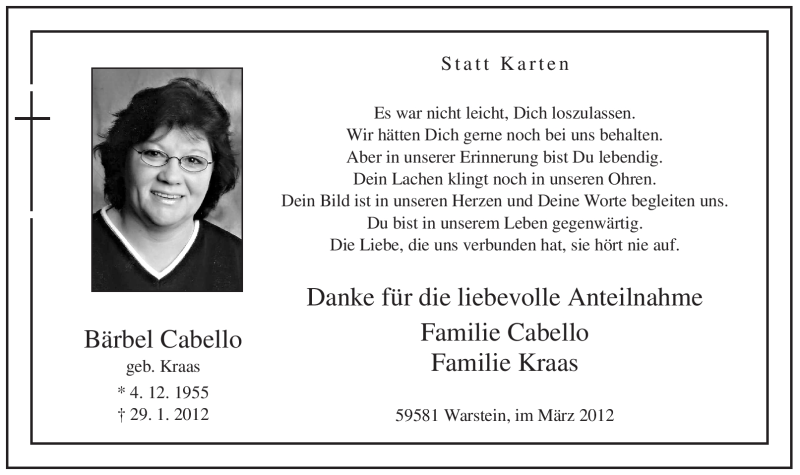  Traueranzeige für Bärbel Cabello vom 17.03.2012 aus WESTFÄLISCHER ANZEIGER