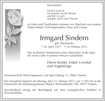 Traueranzeige von Irmgard Sindern von MZV
