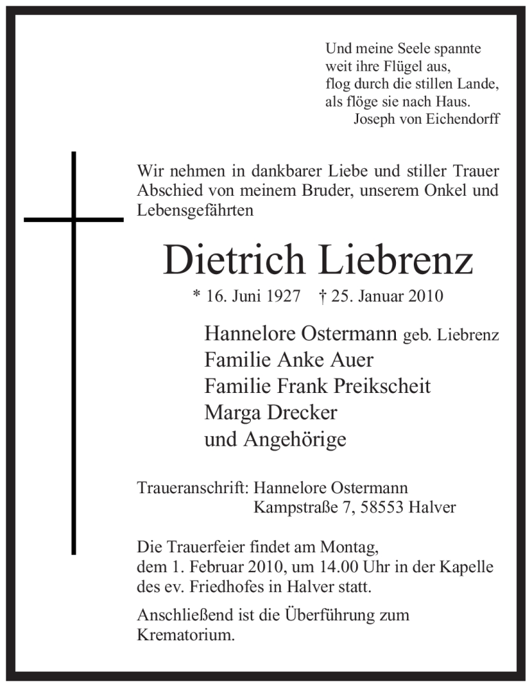  Traueranzeige für Dietrich Liebrenz vom 30.01.2010 aus WESTFÄLISCHER ANZEIGER