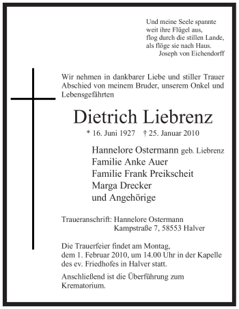 Traueranzeige von Dietrich Liebrenz von WESTFÄLISCHER ANZEIGER