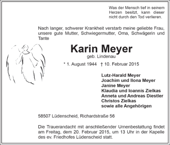 Traueranzeige von Karin Meyer von MZV