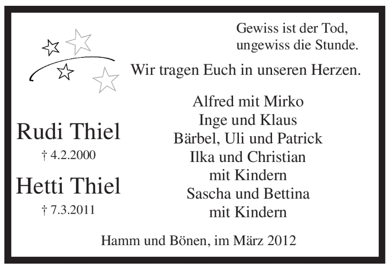  Traueranzeige für Rudi Thiel vom 07.03.2012 aus WESTFÄLISCHER ANZEIGER