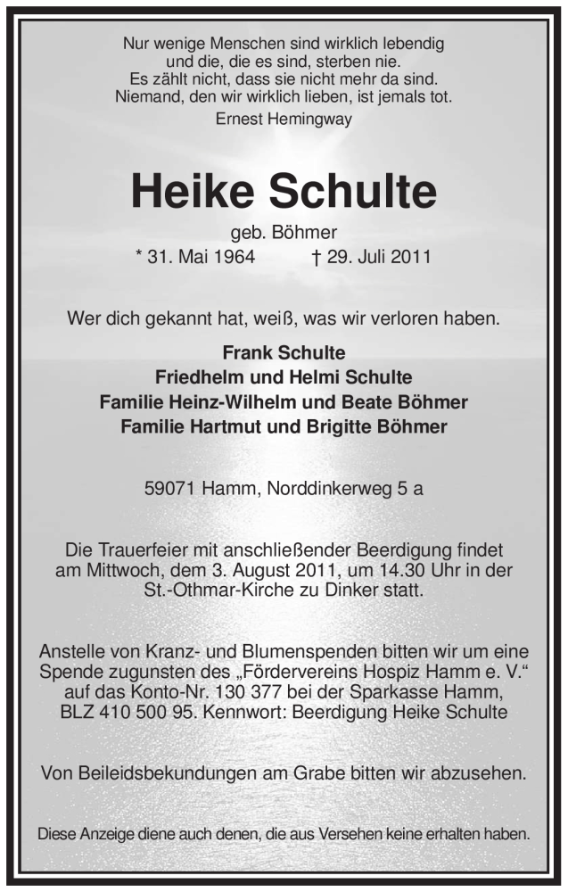  Traueranzeige für Heike Schulte vom 01.08.2011 aus WESTFÄLISCHER ANZEIGER