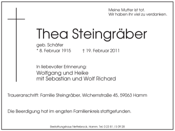 Traueranzeige von Thea Steingräber von WESTFÄLISCHER ANZEIGER