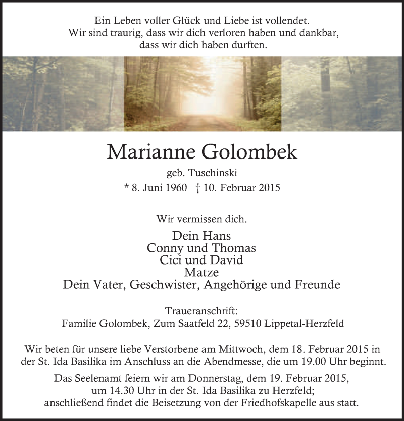  Traueranzeige für Marianne Golombek vom 14.02.2015 aus MZV