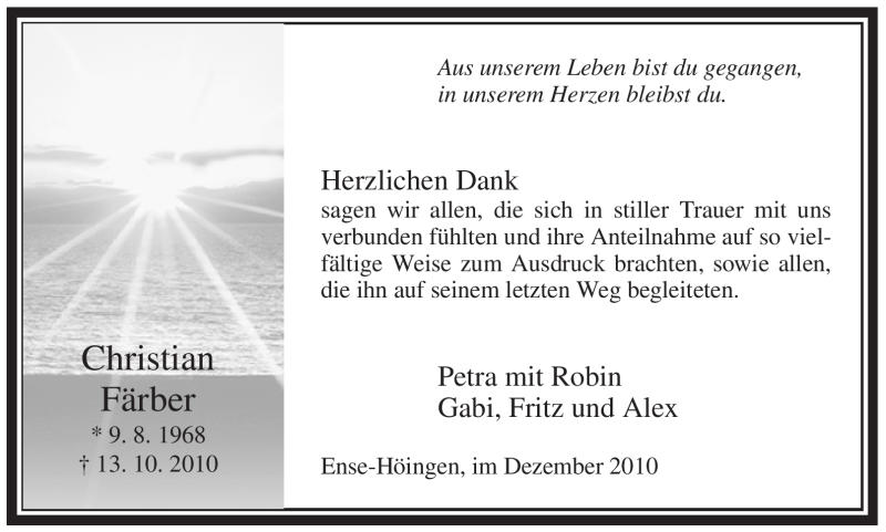  Traueranzeige für Christian Färber vom 11.12.2010 aus WESTFÄLISCHER ANZEIGER