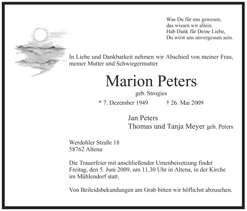  Traueranzeige für Marion Peters vom 30.05.2009 aus WESTFÄLISCHER ANZEIGER