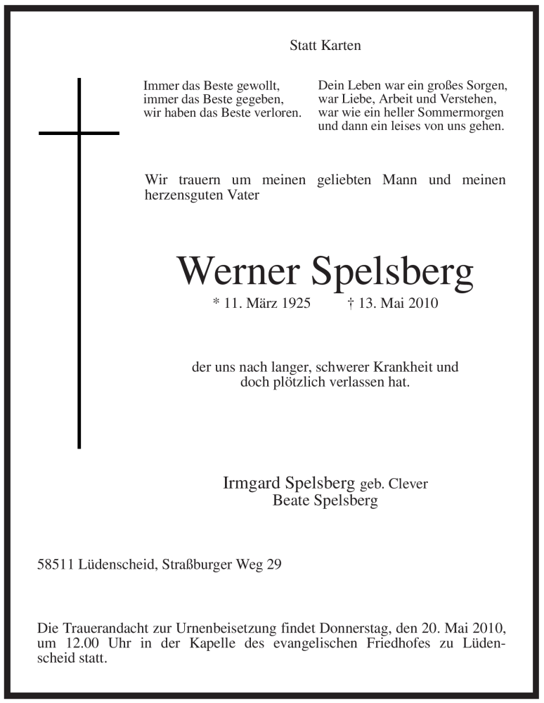  Traueranzeige für Werner Spelsberg vom 17.05.2010 aus WESTFÄLISCHER ANZEIGER