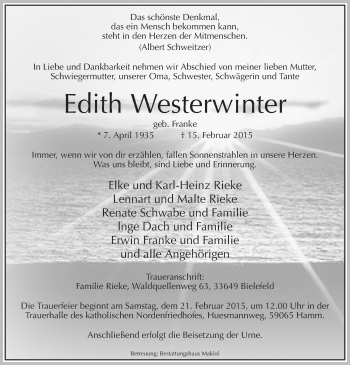 Traueranzeige von Edith Westerwinter von MZV