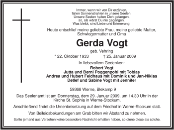 Traueranzeige von Gerda Vogt von WESTFÄLISCHER ANZEIGER