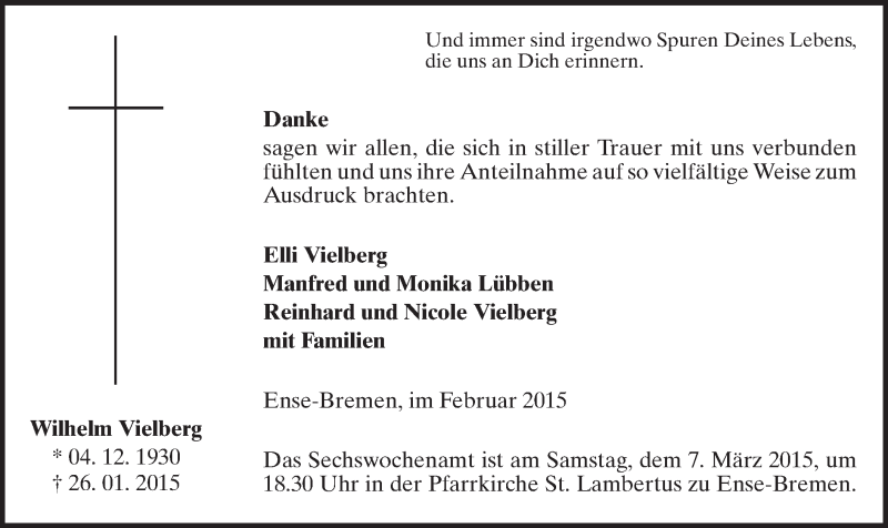  Traueranzeige für Wilhelm Vielberg vom 28.02.2015 aus MZV