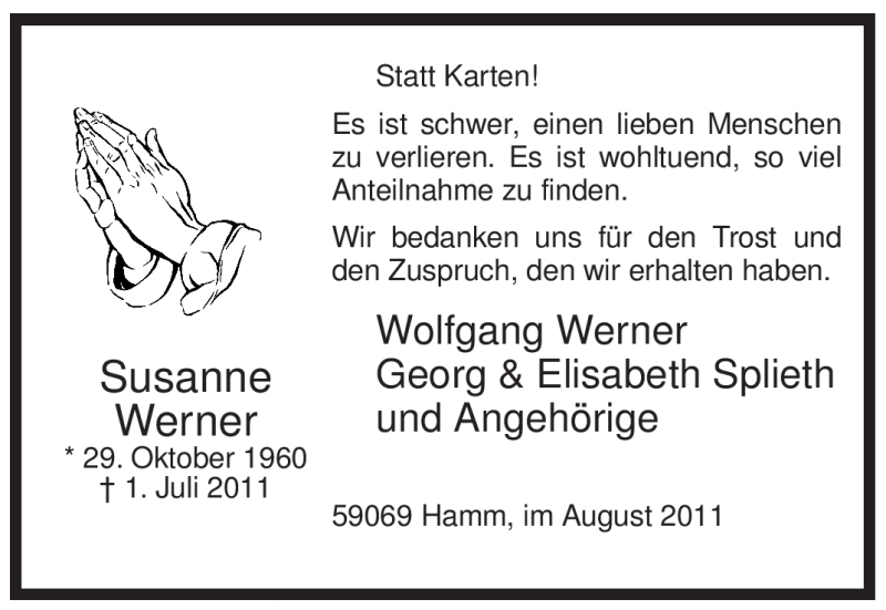  Traueranzeige für Susanne Werner vom 01.08.2011 aus WESTFÄLISCHER ANZEIGER