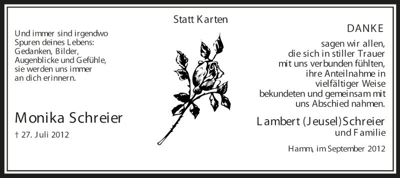  Traueranzeige für Monika Schreier vom 01.09.2012 aus MZV