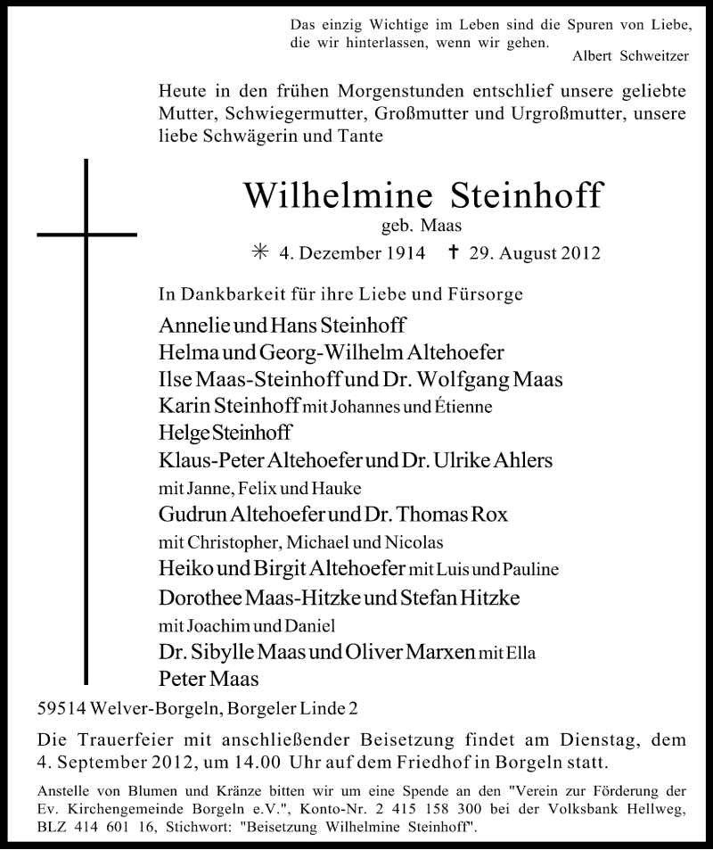  Traueranzeige für Wilhelmine Steinhoff vom 31.08.2012 aus MZV