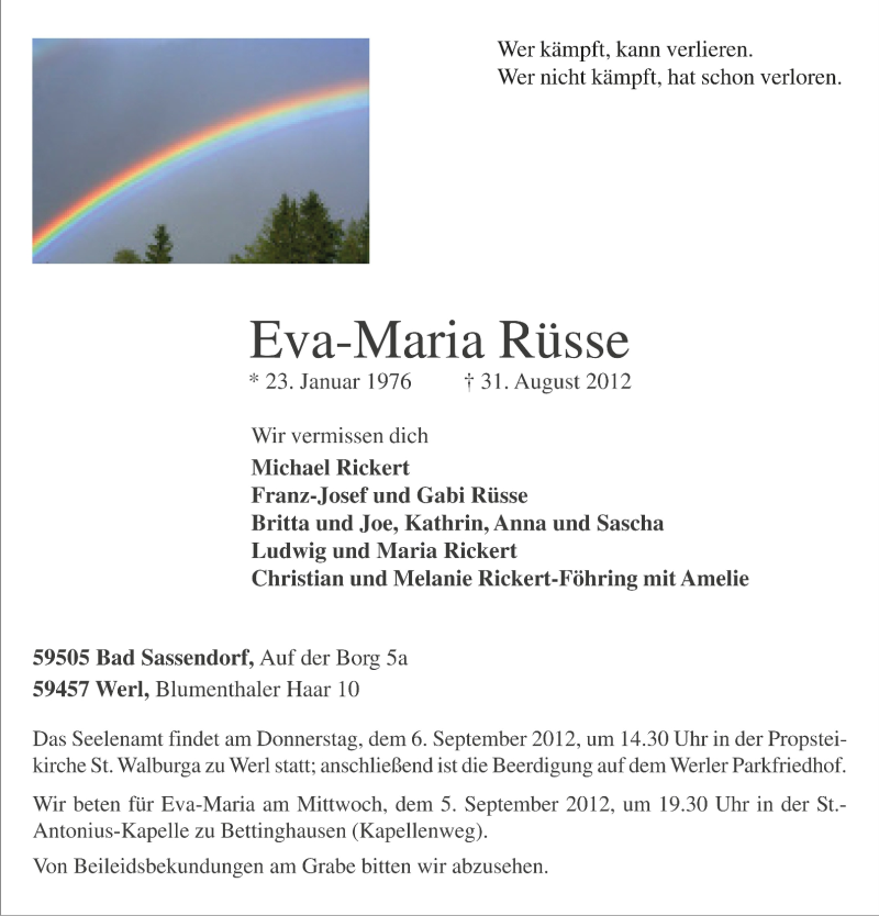  Traueranzeige für Eva-Maria Rüsse vom 03.09.2012 aus MZV