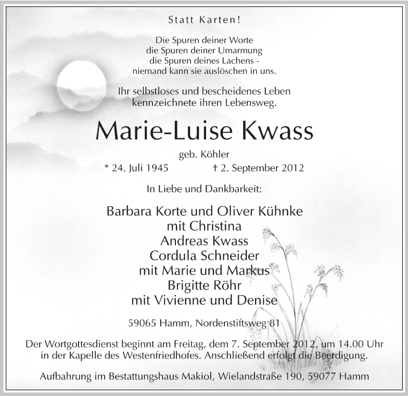  Traueranzeige für Marie-Luise Kwass vom 04.09.2012 aus MZV