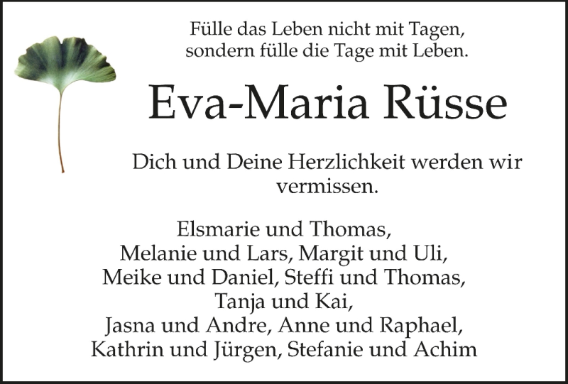  Traueranzeige für Eva-Maria Rüsse vom 05.09.2012 aus MZV