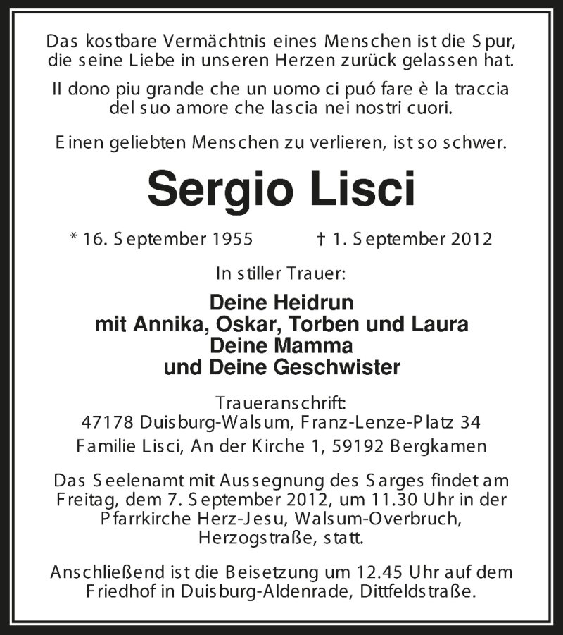  Traueranzeige für Sergio Lisci vom 05.09.2012 aus MZV