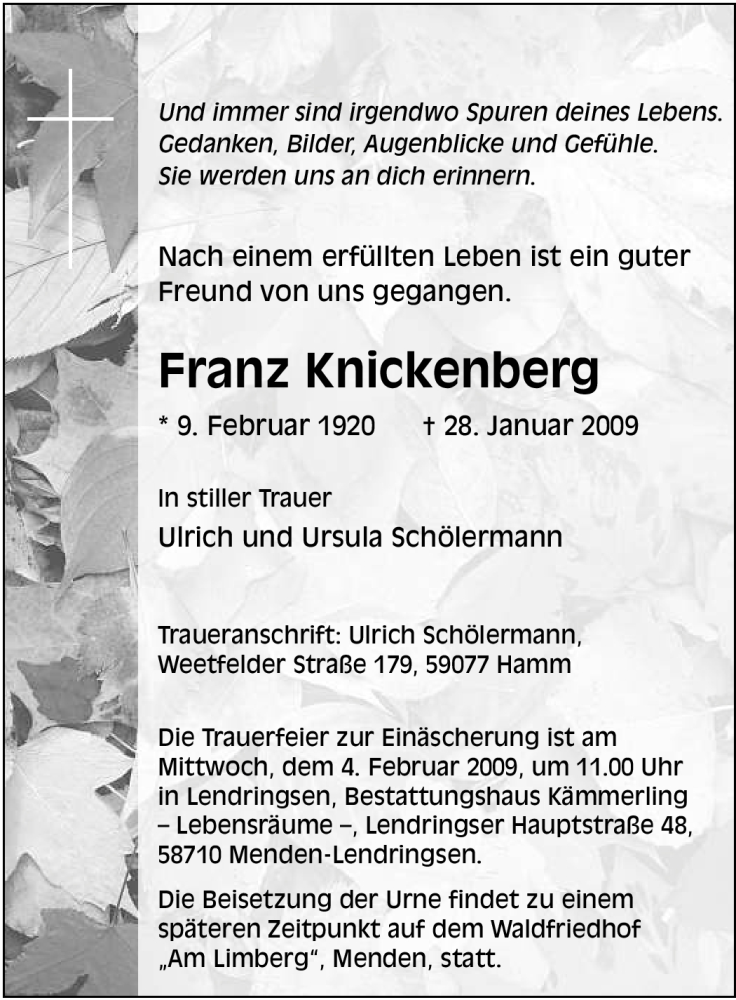  Traueranzeige für Franz Knickenberg vom 31.01.2009 aus WESTFÄLISCHER ANZEIGER