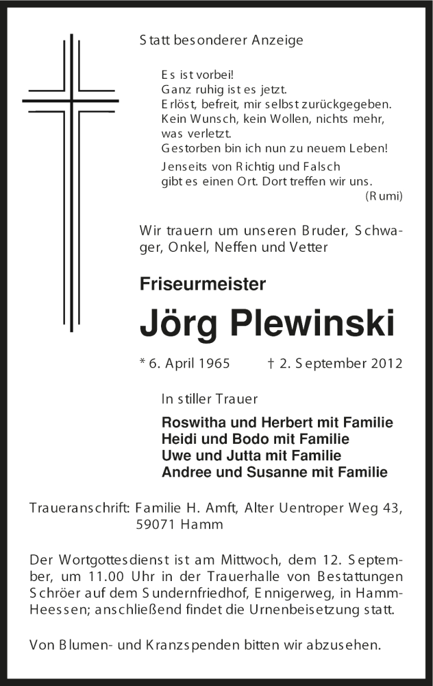 Traueranzeige für Jörg Plewinski vom 08.09.2012 aus MZV
