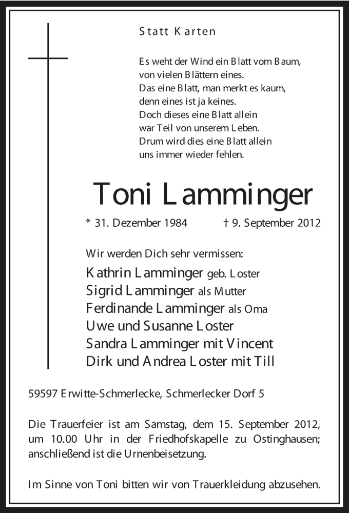  Traueranzeige für Toni Lamminger vom 12.09.2012 aus MZV