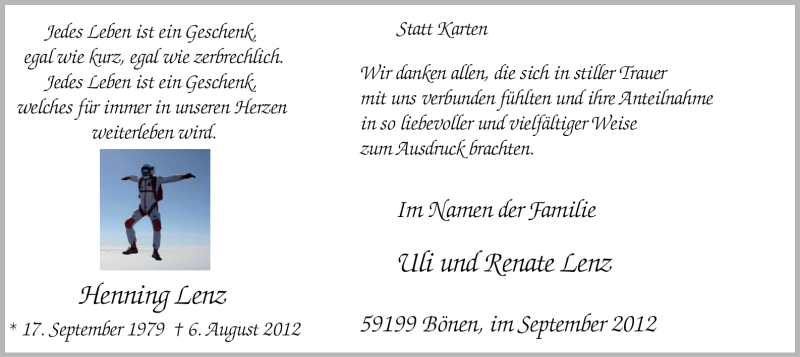  Traueranzeige für Henning Lenz vom 19.09.2012 aus MZV