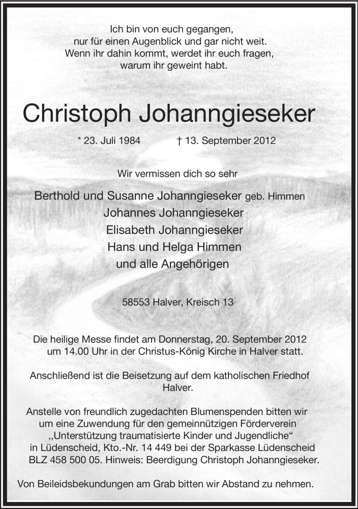  Traueranzeige für Christoph Johanngieseker vom 17.09.2012 aus MZV