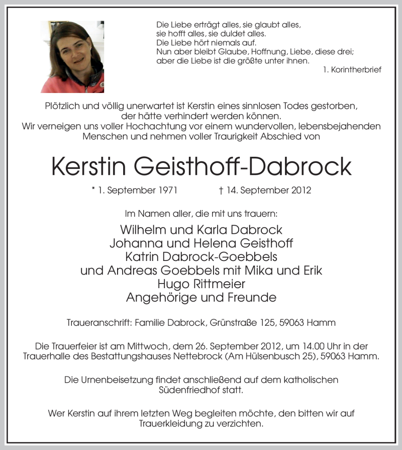  Traueranzeige für Kerstin Geisthoff-Dabrock vom 22.09.2012 aus MZV