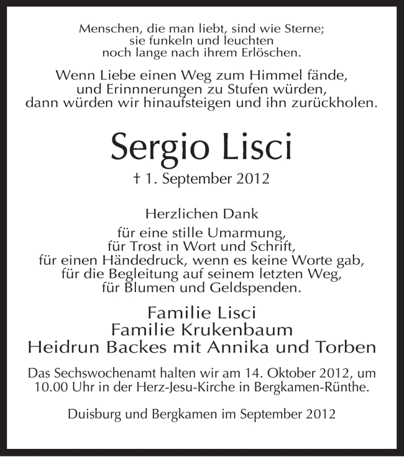 Traueranzeige für Sergio Lisci vom 29.09.2012 aus MZV